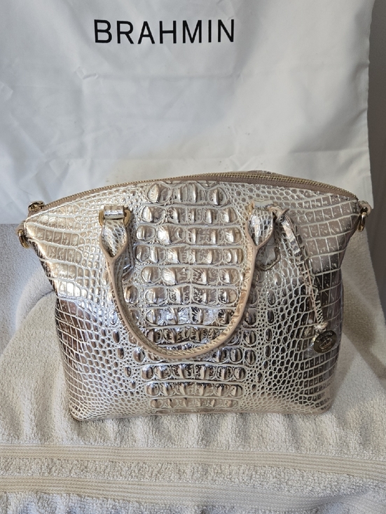 Brahmin Handbags - Brahmin Metallic Croc-Embossed Duxbury Satchel in Champagne Gold